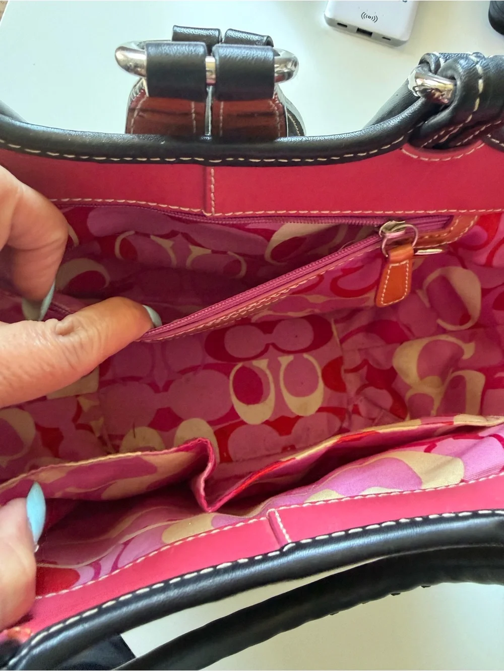 Coach Straw Tote with Black Trim and Pink Interior Accent - Picture 9 of 13